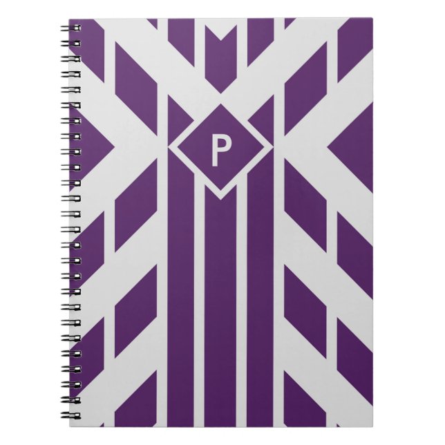 Carnet Quadrangle violet rayures sur gris avec Monogramme (Devant)