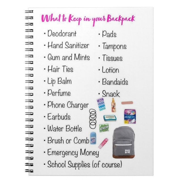 Carnet Que garder dans votre sac à dos (Devant)