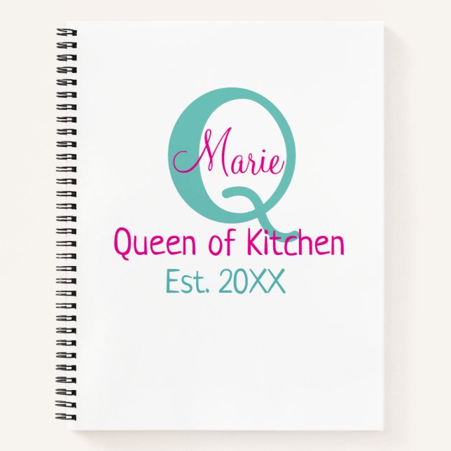 Carnet Queen of cuisine monogramme vert rose simple minim (Devant)