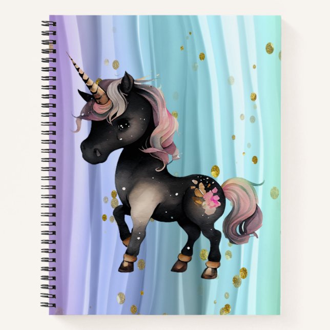 Carnet Queue noire Unicorne violette rose (Devant)