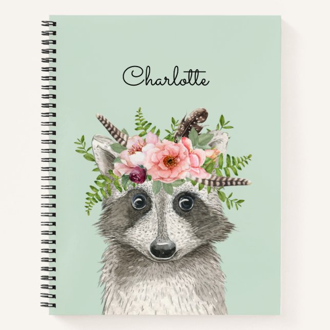 Carnet Raccoon de Boho mignon avec couronne de fleurs et  (Devant)