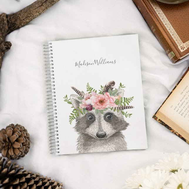 Carnet Raccoon mignon avec couronne florale aquarelle (Créateur téléchargé)