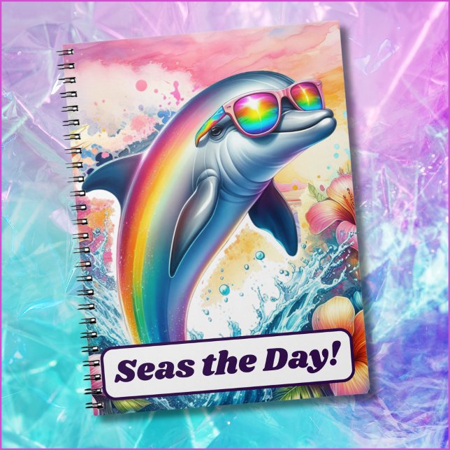 Carnet Rainbow Dolphin Seas the Day Girls Retour à l'écol (A rainbow dolphin wearing sunglasses brings retro 1980s style. Custom text says "Seas the day!")