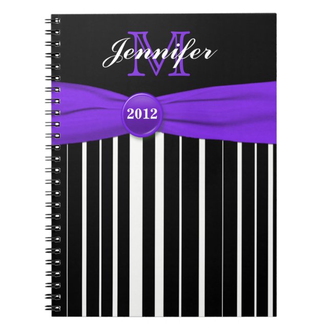 Carnet rayé blanc noir violet personnalisé (Devant)