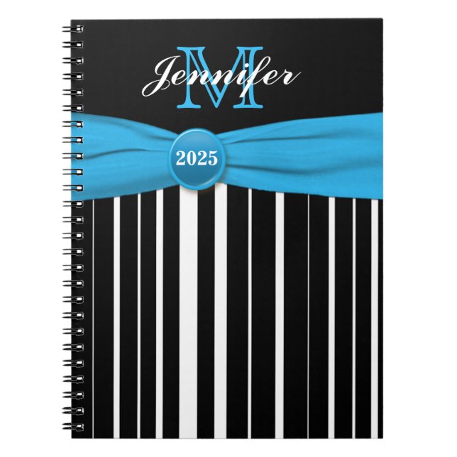 Carnet rayé bleu noir blanc personnalisé (Devant)