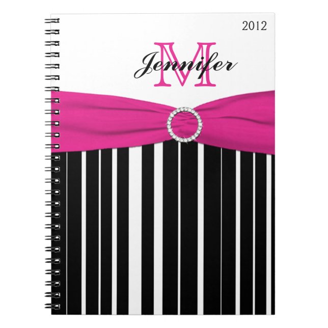 Carnet rayé rose noir blanc personnalisé (Devant)