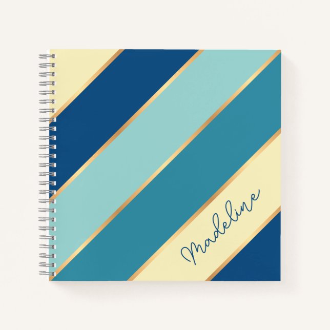 Carnet Rayure dorée jaune vert sarcelle bleue personnalis (Devant)
