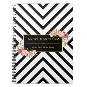 Carnet Rayures blanches noires abstraites et cadre floral