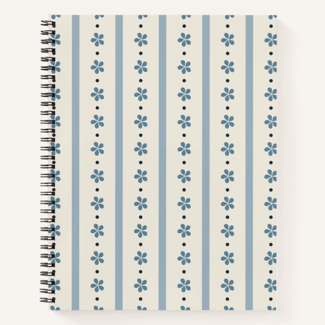 Carnet Rayures Bleues Et Crème Et Fleurs (Devant)