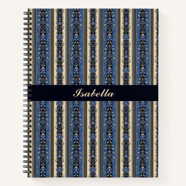 Carnet Rayures damas bleu et or (Devant)