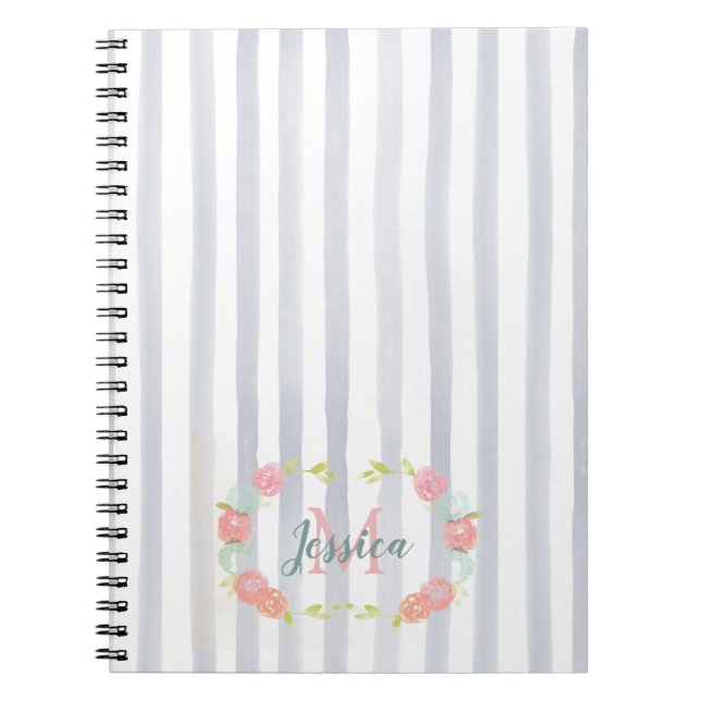 Carnet Rayures d'aquarelle et monogramme floral (Devant)