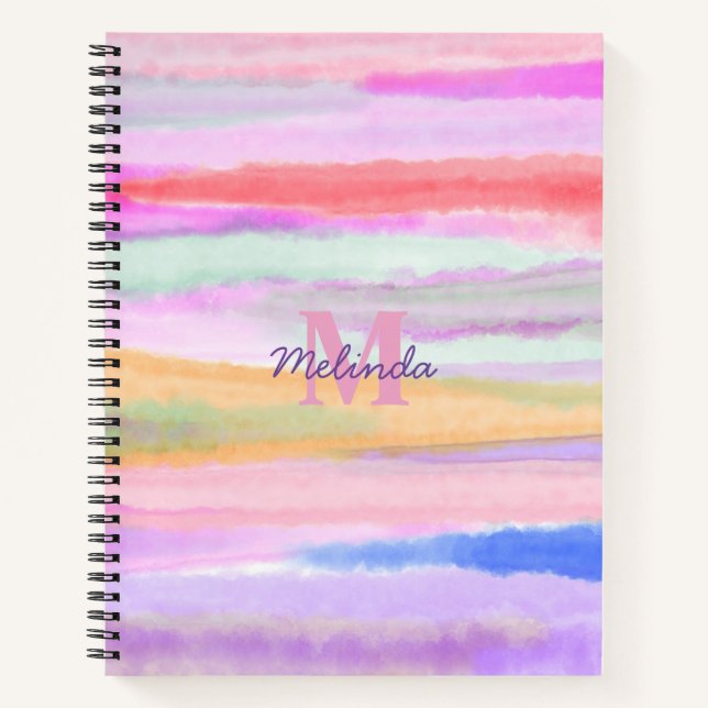 Carnet Rayures d'aquarelle Monogramme rose (Devant)