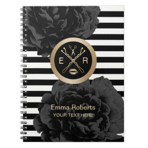 Carnet Rayures modernes florales noires élégantes de