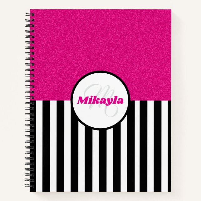 Carnet Rayures noires et blanches avec paillettes roses (Devant)