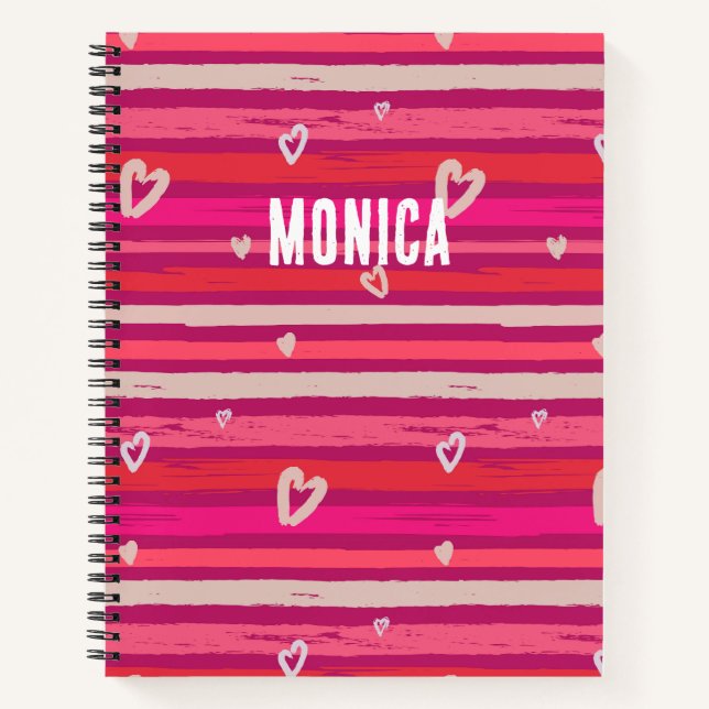 Carnet Rayures Rose Blanc Cœurs Personnalisé  (Devant)