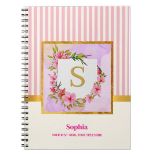 Carnet Rayures Rose Féminin, Monogramme Floral Feuille d'