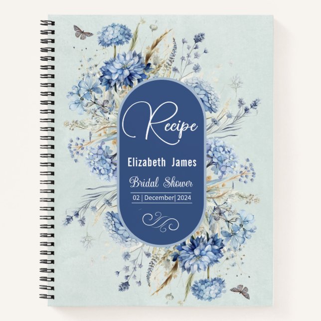 Carnet Recette de Baby Shower Mariage Fleurs Bleu Poussié (Devant)