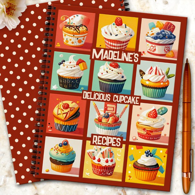 Carnet Recette de cupcake coloré mignonne (Cute colorful cookbook notebook featuring an illustration of cupcakes. With simple retro polka dots)