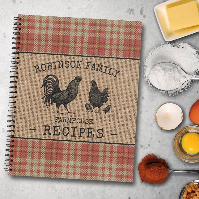 Carnet Recette de la ferme familiale Rooster Hen Red Plai (Several sizes and inside page designs to choose from)