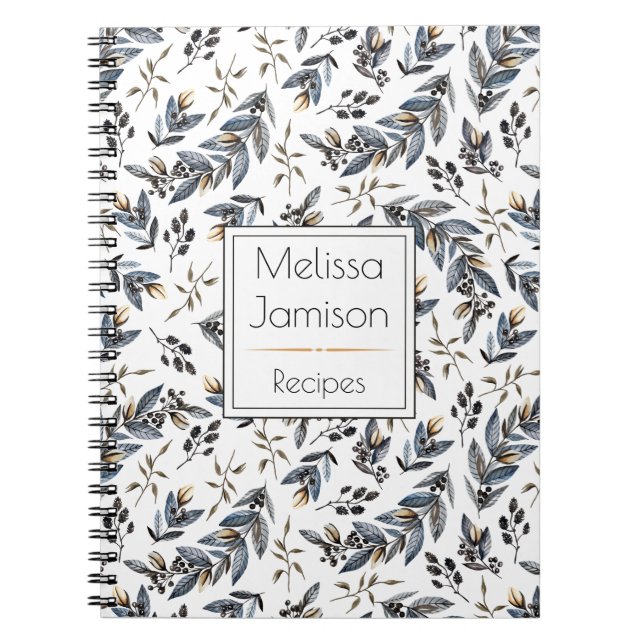 Carnet Recette de monogramme de feuilles et de baies noir (Devant)