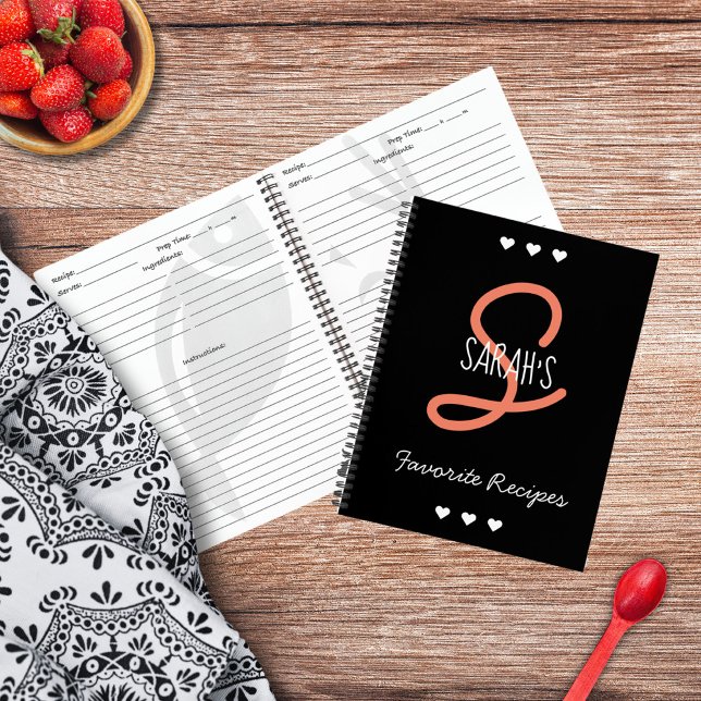 Carnet Recette de monogramme simple noir personnalisé (Personalized Simple Black Script Monogram Recipe Notebook)