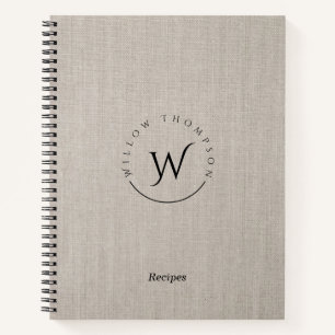 Carnet Recette de script en lin beige monogramme rustique