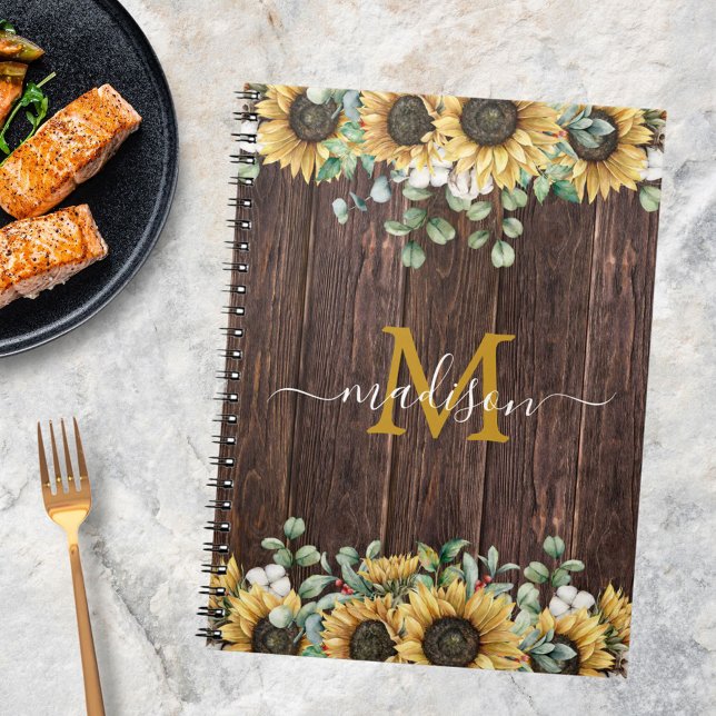 Carnet Recette de tournesol jaune monogramme bois marron (In situ)