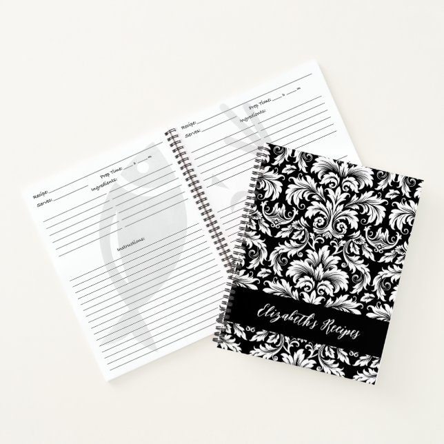 Carnet Recette élégante damas noir et blanc (Intérieur)
