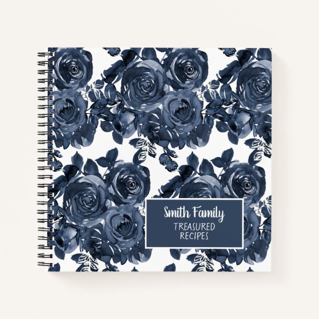 Carnet Recette florale à l'aquarelle bleu marine indigo (Devant)