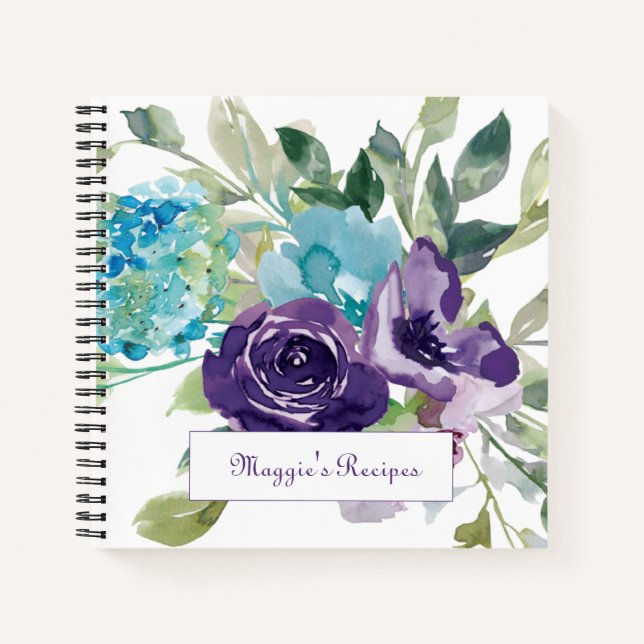 Carnet Recette florale aquarelle bleue violette (Devant)