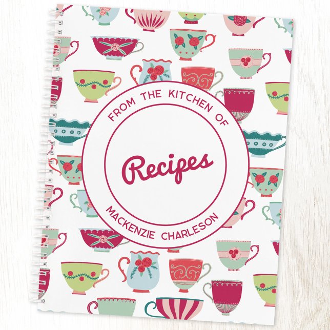 Carnet Recette personnalisée pour Motif de thé rétro mode (Retro modern teacup pattern personalized recipe notebook)