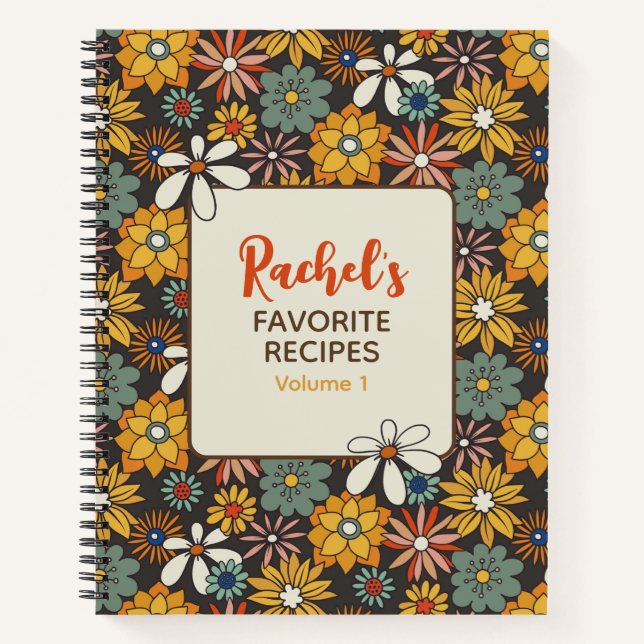 Carnet Recette personnalisée Retro Floral Brown Gold Turq (Devant)