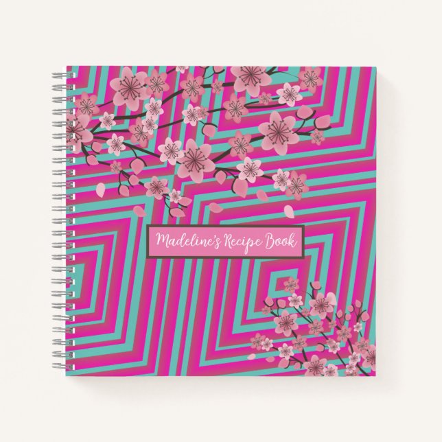 Carnet Recette Rose Dégradé Rayé Trippy Fleur de Cerisier (Devant)
