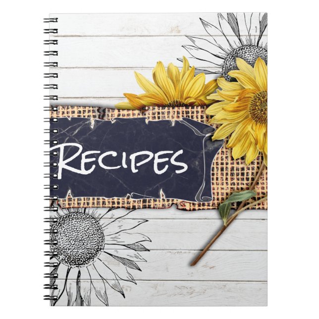 Carnet Recette rustique de tournesol en bois et de toile (Devant)