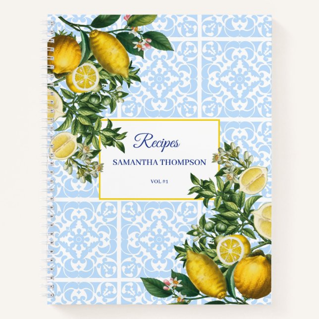 Carnet Recettes de Baby Shower Italian Blue Tile & Lemons (Devant)