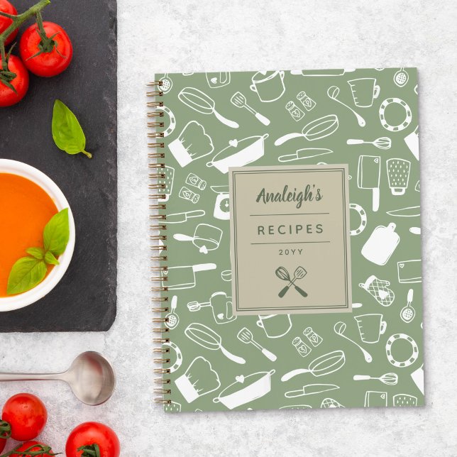 Carnet Recettes de cuisine dessinées à la main en vert ol (Créateur téléchargé)