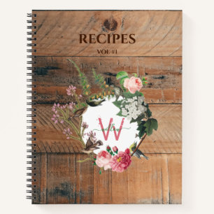 Carnet Recettes de fleurs Vintages en bois rustique monog