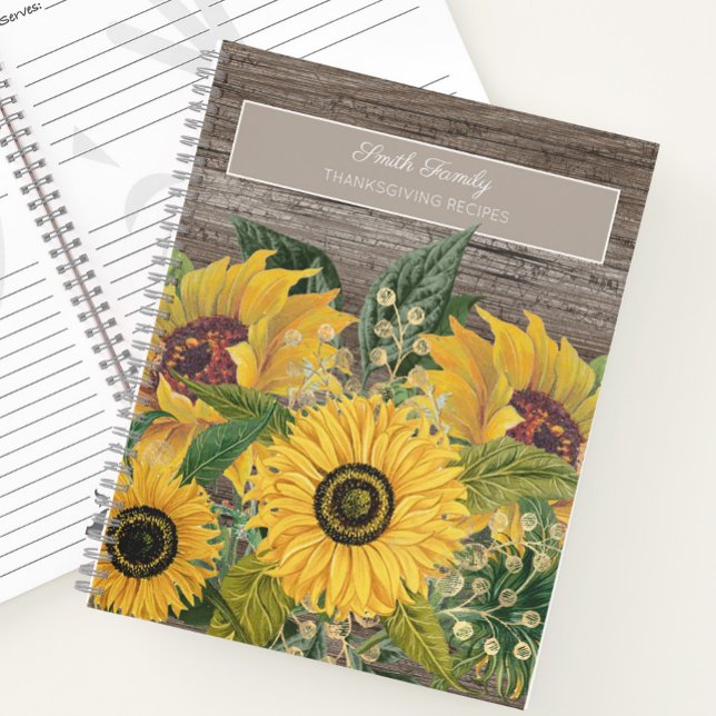 Carnet Recettes de Thanksgiving Fleurs de Tournesol Jaune (Sunflowers and rustic wood custom recipe cookbook)