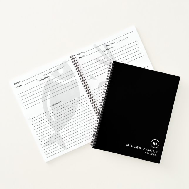 Carnet Recettes familiales Simple Noir Blanc Monogramme (Intérieur)