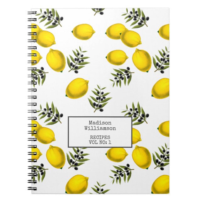 Carnet Recettes personnalisées Citron et Motif d'olive (Devant)