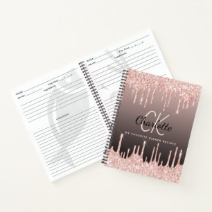 Carnet Recettes rose gouttes d'or noir monogramme