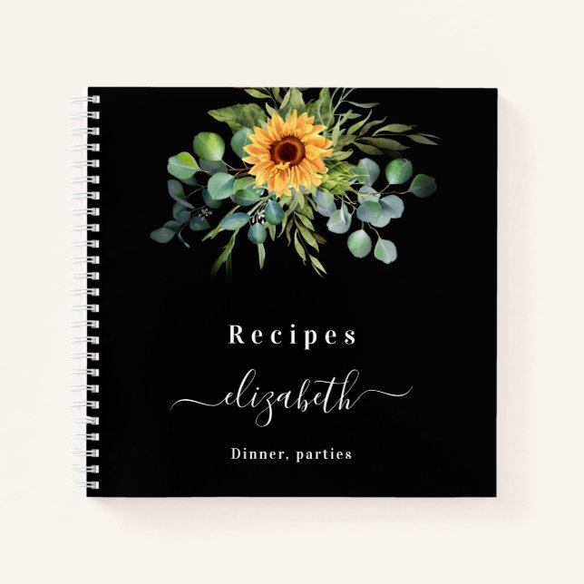 Carnet Recettes tournesol eucalyptus vert script noir (Devant)