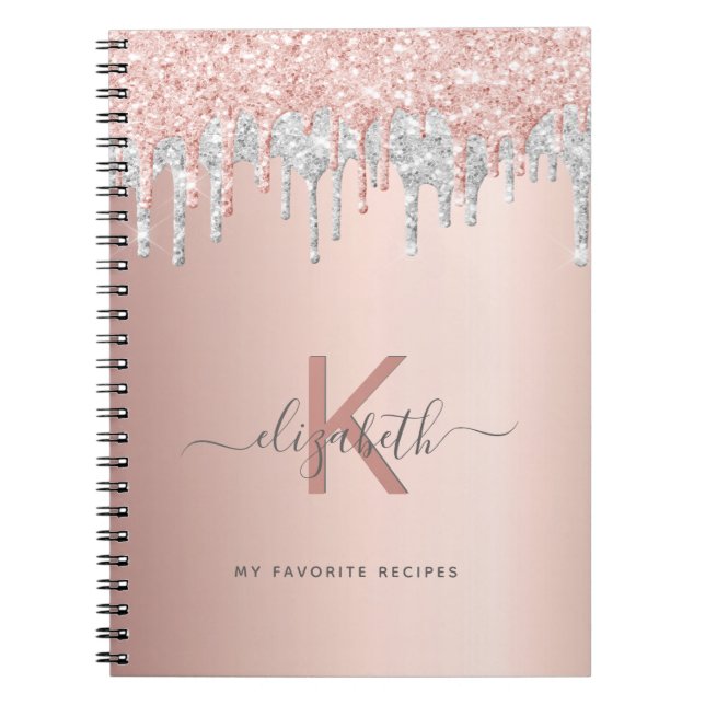 Carnet Recipes cookbook monogram glitter rose gold silver (Devant)