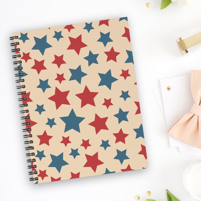 Carnet Red and Blue Stars, 4th of July, Beige Background (Créateur téléchargé)
