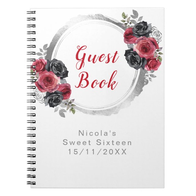 Carnet Red and Silver Elegant Flowers Sweet Sixteen (Devant)