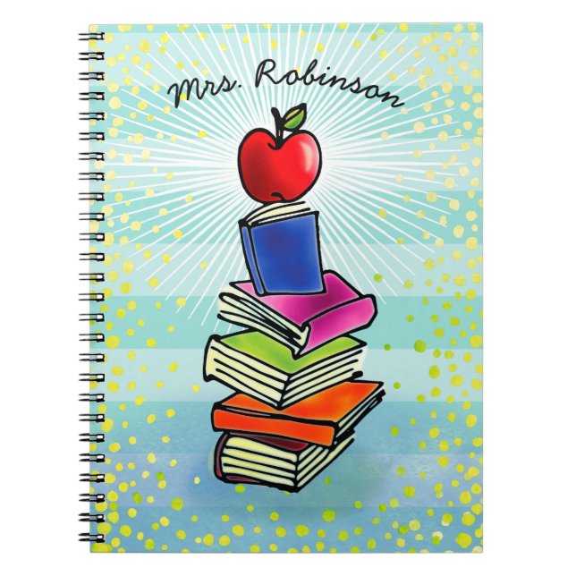Carnet Red Apple Book Stack Nom de l'enseignant Turquoise (Devant)