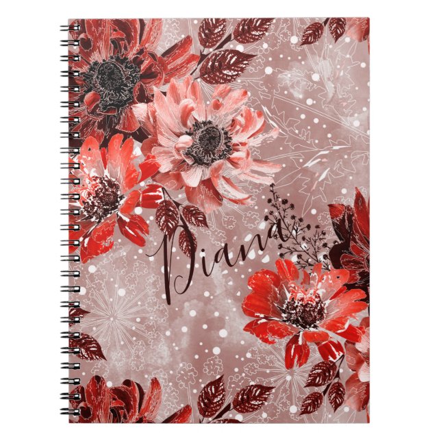 Carnet Red, burgundy flowers. (Devant)