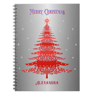 Carnet Red Christmas Tree Snowflakes Nom personnalisé Sil