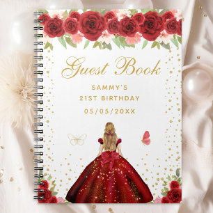 Carnet Red Floral Blonde Hair Princess Guest Book