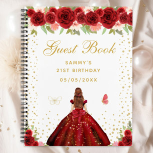 Carnet Red Floral Brown Hair Princess Guest Book